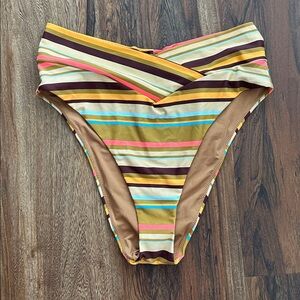 NWT Aerie High Cut Cheeky Bikini Bottoms Size Large Brown Stripe CrossOver Waist